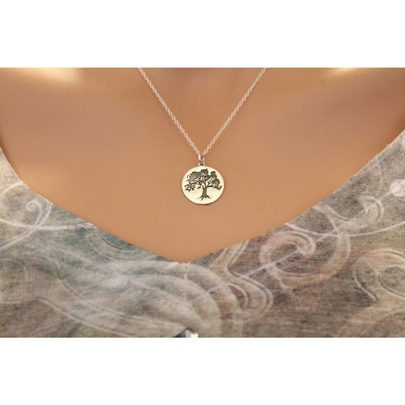 Sterling Silver Etched Oak Tree Charm Necklace, Silver Etched Oak Tree Necklace - Picture 3 of 3